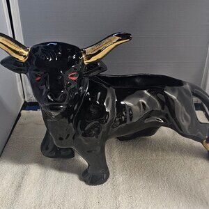 RARE Ceramic Bull Planter Vintage Large MCM 14"L x 10"T Black with Gold Horn